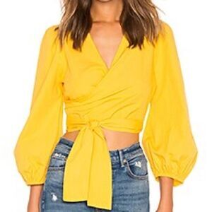 SAYLOR Abril Yellow V-Neck Wrap Smocked Back Puff Sleeve Cropped Top